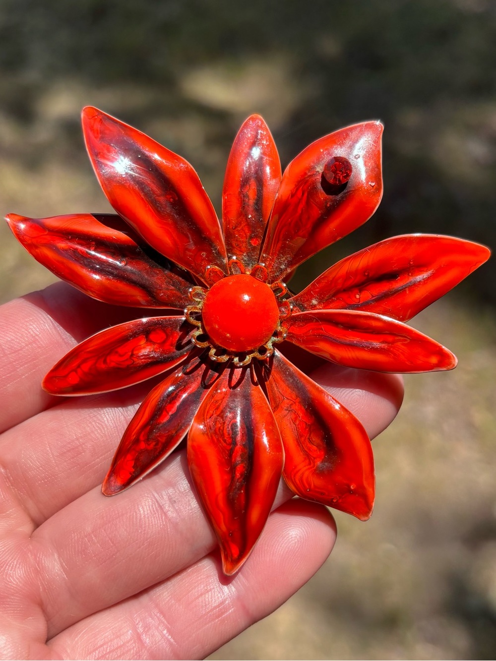 Gorgeous Vintage Enamel Cranberry Rhinestone Brooch!